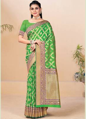 Green Banarasi Silk Weaving Jacquard Designer Saree 1