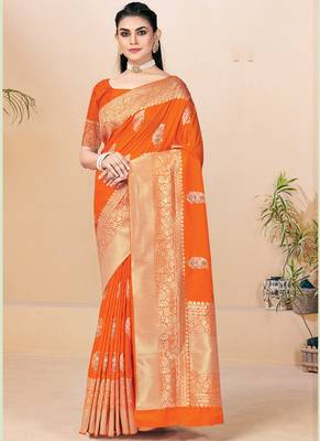 Orange Banarasi Silk Weaving Jacquard Designer Saree 1