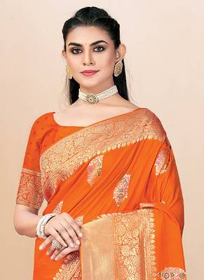 Orange Banarasi Silk Weaving Jacquard Designer Saree 2