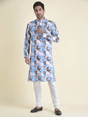 Tabard Blue plain cotton kurta-pajama 1