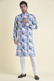 Tabard Blue plain cotton kurta-pajama