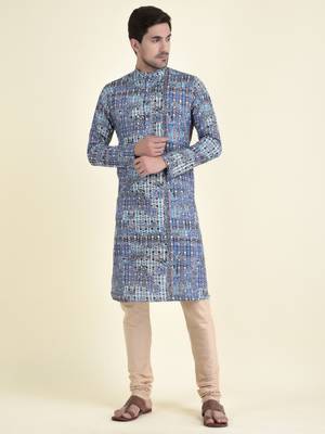 Tabard Blue plain cotton kurta-pajama 1