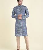 Tabard Blue plain cotton kurta-pajama