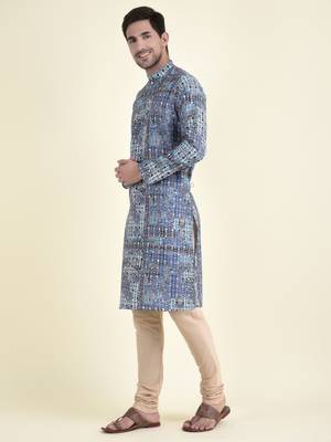 Tabard Blue plain cotton kurta-pajama 2