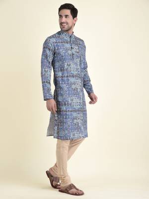 Tabard Blue plain cotton kurta-pajama 3