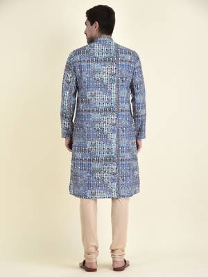 Tabard Blue plain cotton kurta-pajama 4