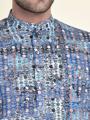 Tabard Blue plain cotton kurta-pajama 5