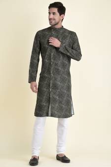 Tabard Green plain cotton kurta-pajama