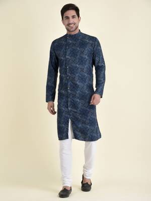 Tabard Blue plain cotton kurta-pajama 1