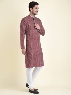 Tabard Maroon plain cotton kurta-pajama 3