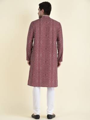 Tabard Maroon plain cotton kurta-pajama 4