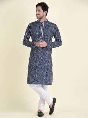 Tabard Blue plain cotton kurta-pajama 1