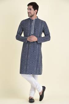 Tabard Blue plain cotton kurta-pajama
