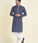 Tabard Blue plain cotton kurta-pajama