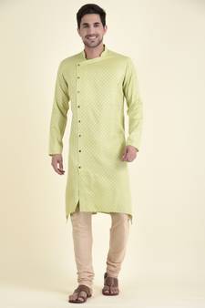 Tabard Green plain cotton kurta-pajama
