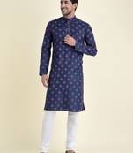 Tabard Blue plain cotton kurta-pajama