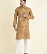 Tabard Beige plain cotton kurta-pajama