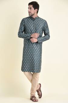 Tabard Blue plain cotton kurta-pajama
