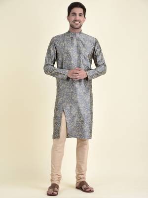 Tabard Grey plain cotton kurta-pajama 1