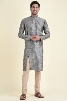 Tabard Grey plain cotton kurta-pajama