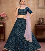 Blue Foilage Print Georgette Semi Stitched Bridal Lehenga