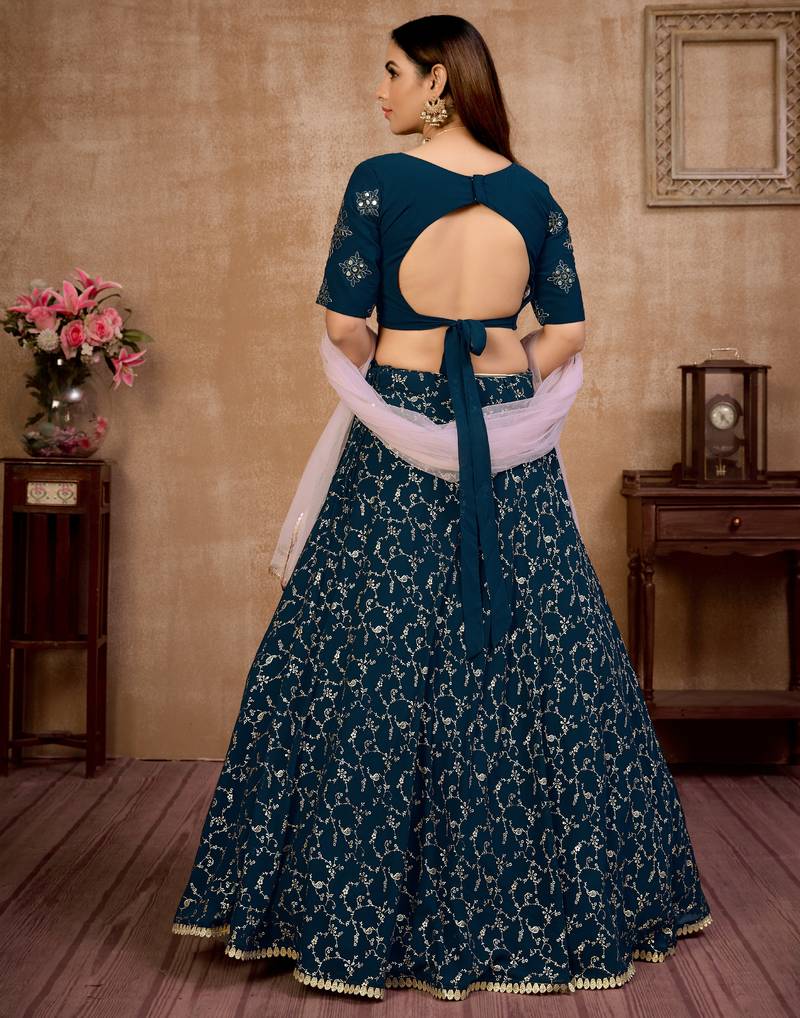 Blue Foilage Print Georgette Semi Stitched Bridal Lehenga