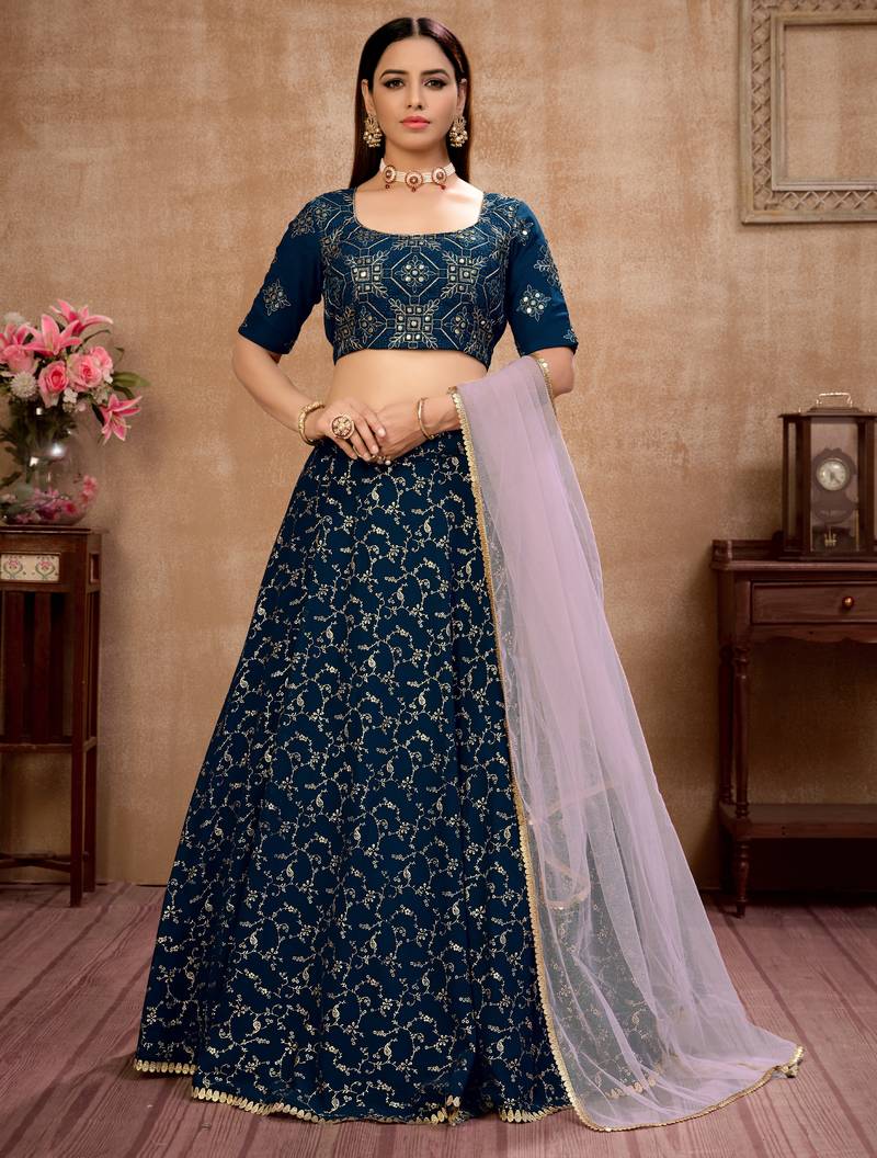 Blue Foilage Print Georgette Semi Stitched Bridal Lehenga