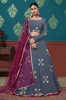Blue Pigment Foil Printed Georgette Semi Stitched Wedding Lehenga