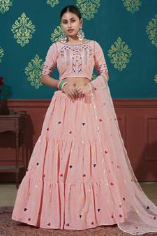 Pink Thread With Sequins Embroidered Cotton Semi Stitched Lehenga