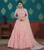 Pink Thread With Sequins Embroidered Cotton Semi Stitched Lehenga