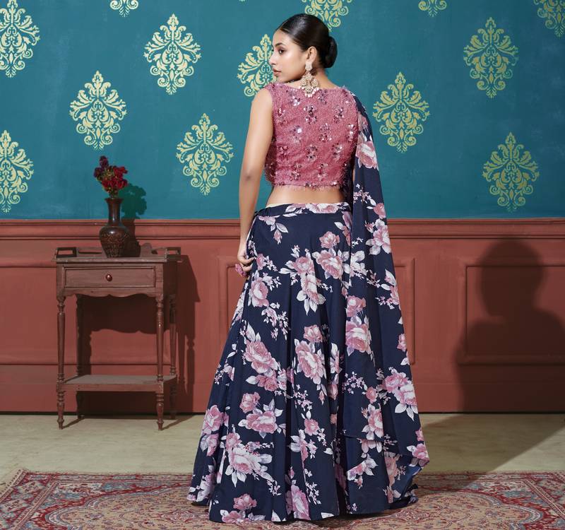 Navy Blue Printed Silk Semi Stitched Lehenga