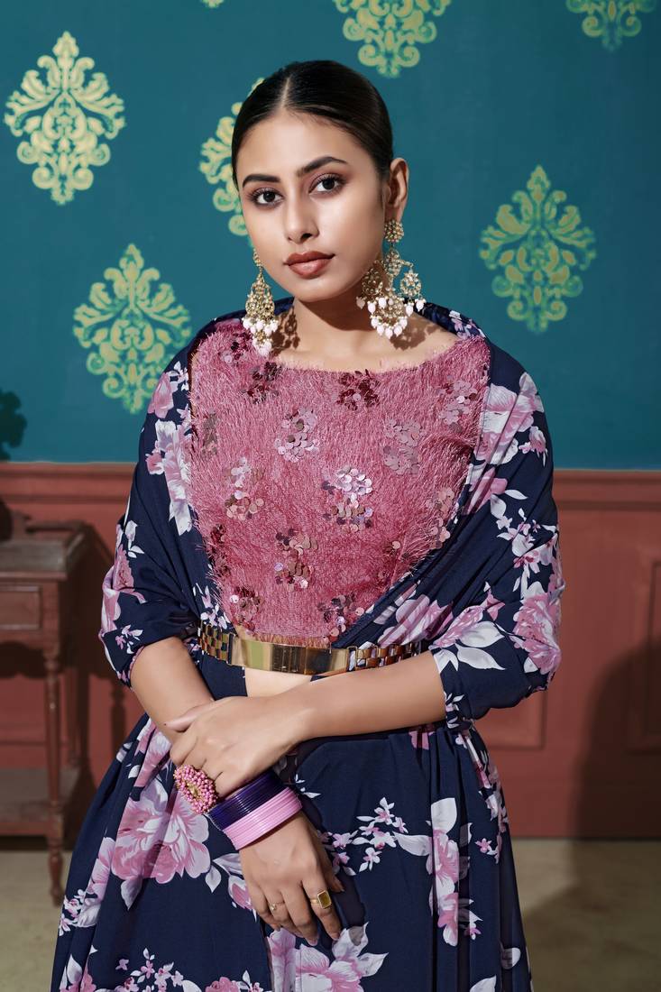 Navy Blue Printed Silk Semi Stitched Lehenga