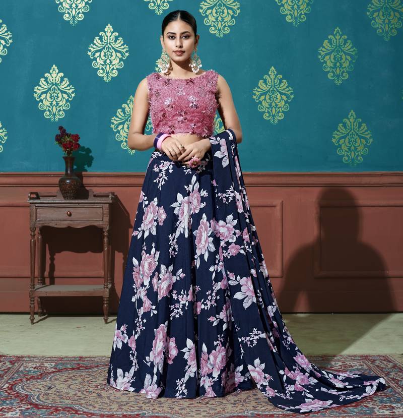 Navy Blue Printed Silk Semi Stitched Lehenga