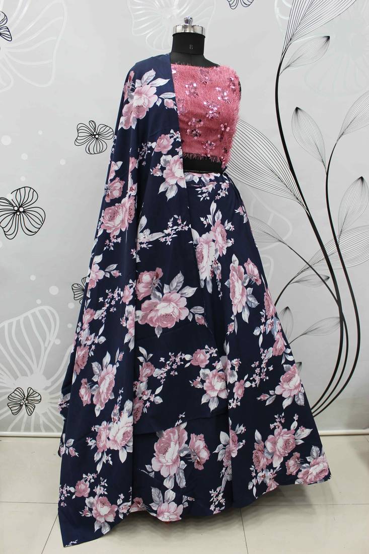 Navy Blue Printed Silk Semi Stitched Lehenga