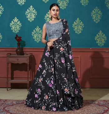 Black Printed Silk Semi Stitched Lehenga 1