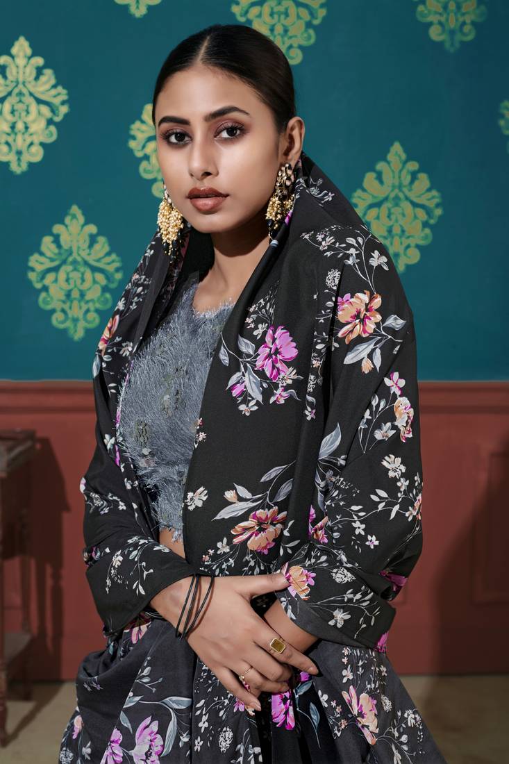 Black Printed Silk Semi Stitched Lehenga