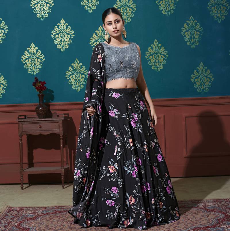 Black Printed Silk Semi Stitched Lehenga