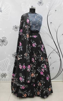 Black Printed Silk Semi Stitched Lehenga 4