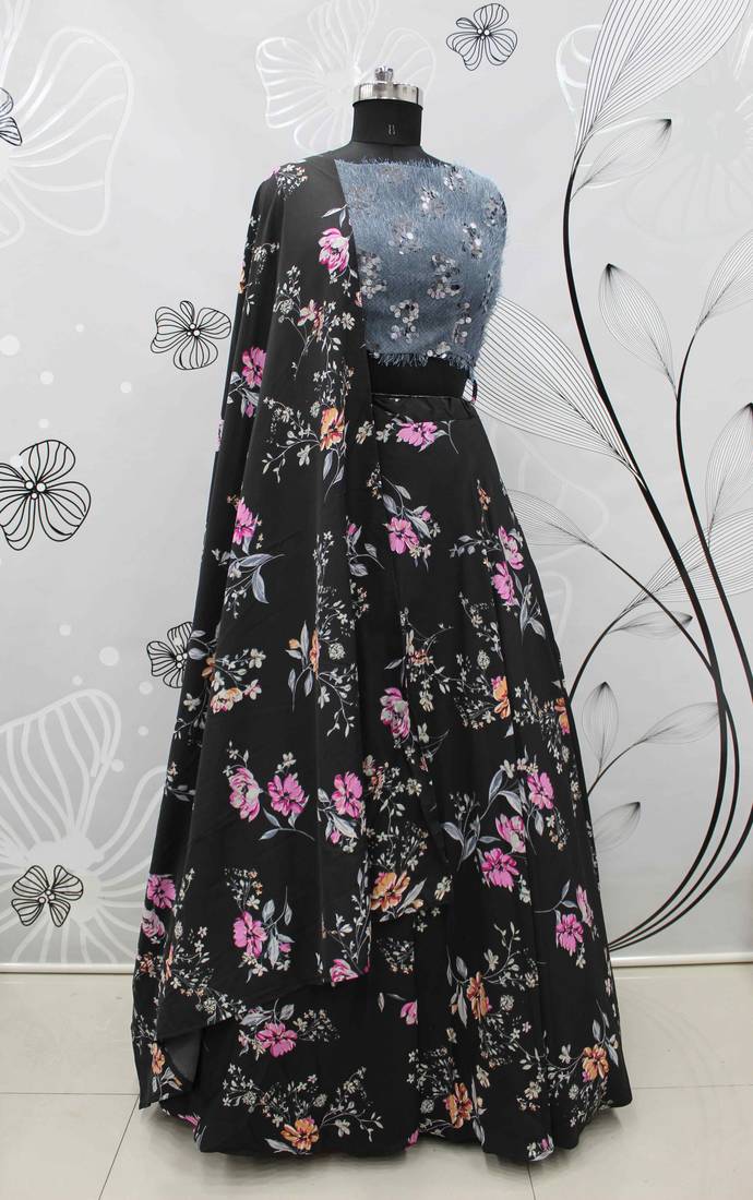 Black Printed Silk Semi Stitched Lehenga
