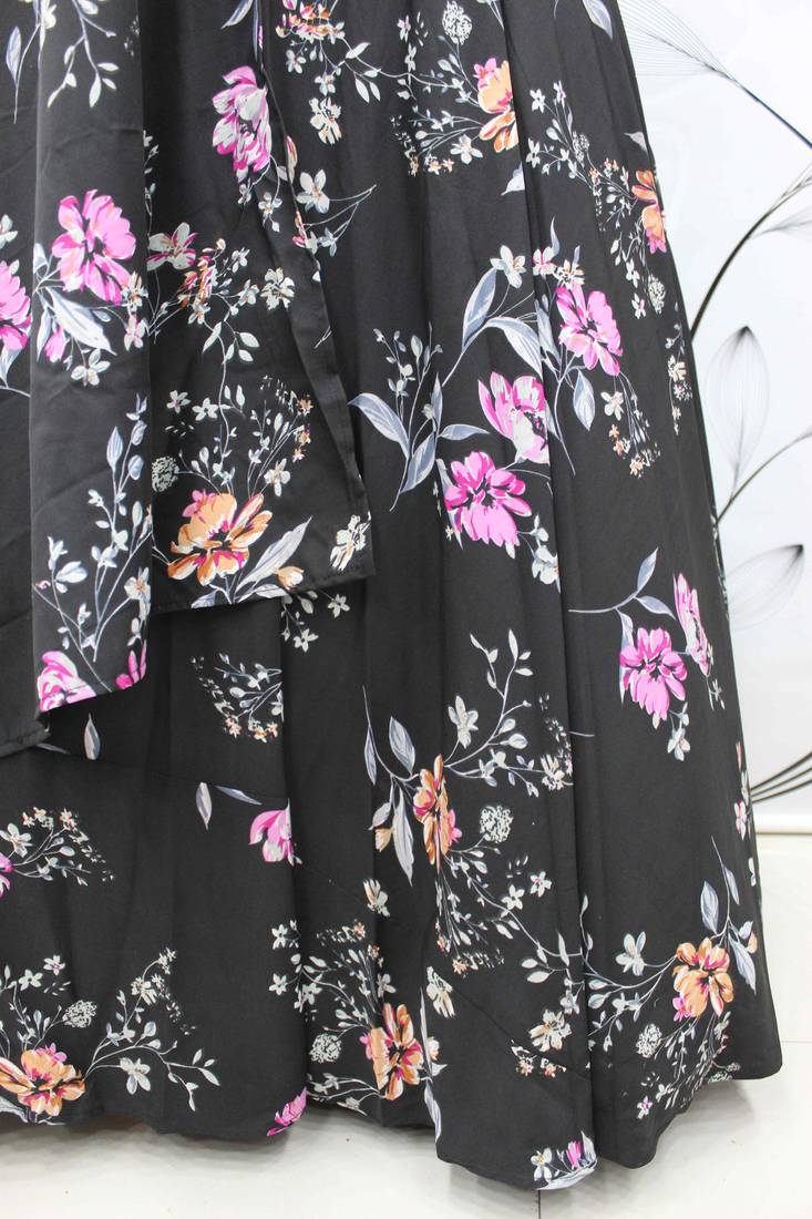 Black Printed Silk Semi Stitched Lehenga