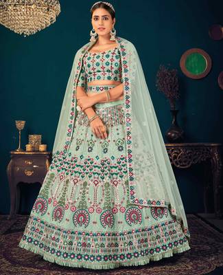 Pista Green Multi Thread And Sequince With Embroidered Georgette Semi Stitched Party Wear Lehenga Choli 1