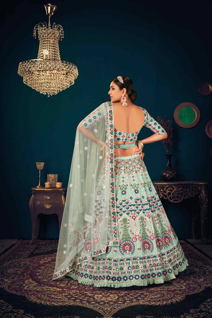 Pista Green Multi Thread And Sequince With Embroidered Georgette Semi Stitched Party Wear Lehenga Choli