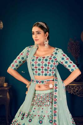 Pista Green Multi Thread And Sequince With Embroidered Georgette Semi Stitched Party Wear Lehenga Choli 3