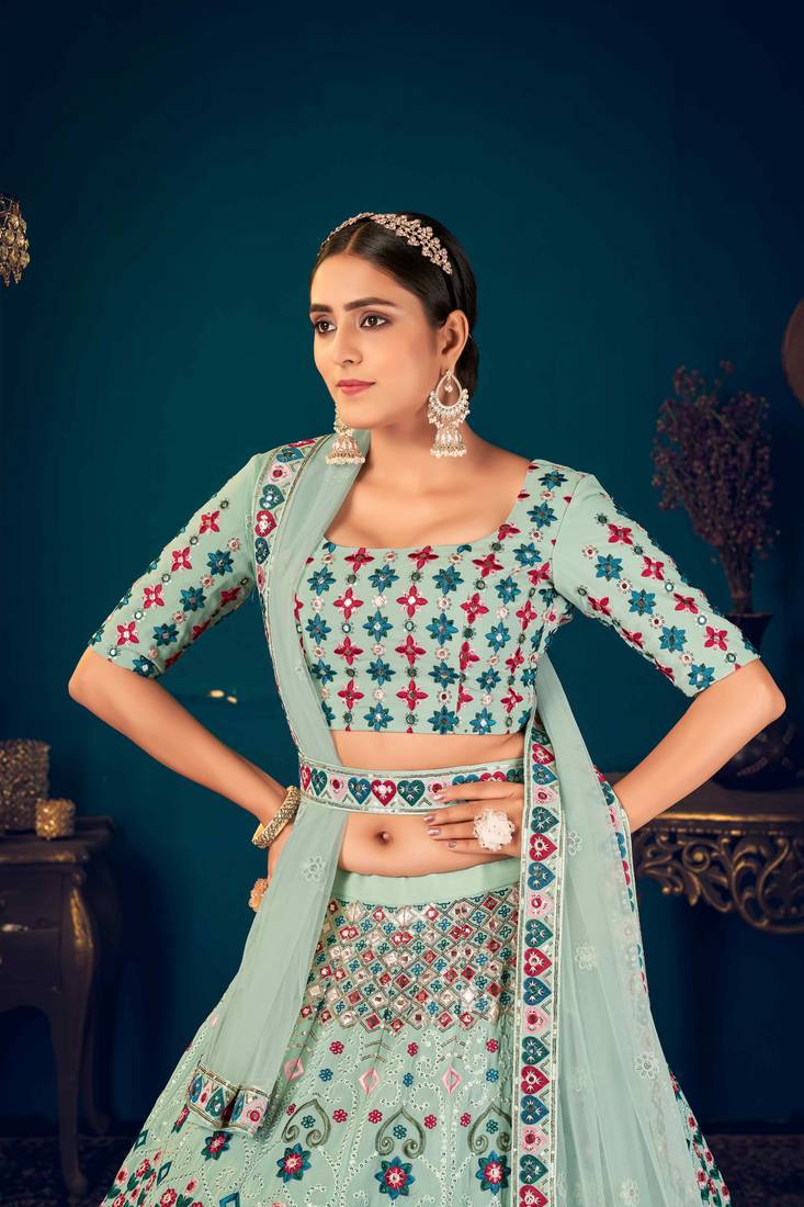 Pista Green Multi Thread And Sequince With Embroidered Georgette Semi Stitched Party Wear Lehenga Choli