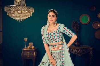 Pista Green Multi Thread And Sequince With Embroidered Georgette Semi Stitched Party Wear Lehenga Choli 4