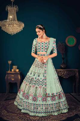 Pista Green Multi Thread And Sequince With Embroidered Georgette Semi Stitched Party Wear Lehenga Choli 5