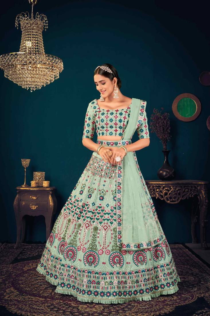 Pista Green Multi Thread And Sequince With Embroidered Georgette Semi Stitched Party Wear Lehenga Choli