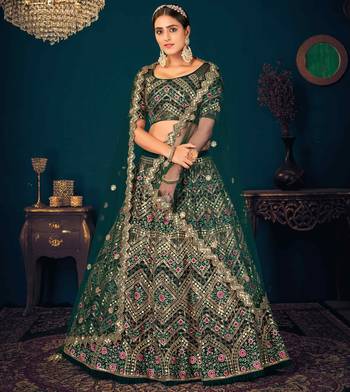 Dark Green Multi Thread, Sequins & Gota Patti Embroidered Georgette Semi Stitched Party Wear Ghagra Choli 1