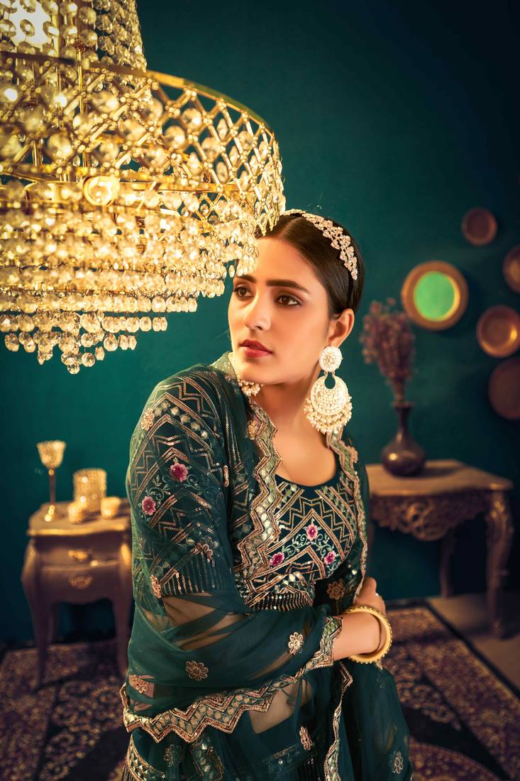 Dark Green Multi Thread, Sequins & Gota Patti Embroidered Georgette Semi Stitched Party Wear Ghagra Choli
