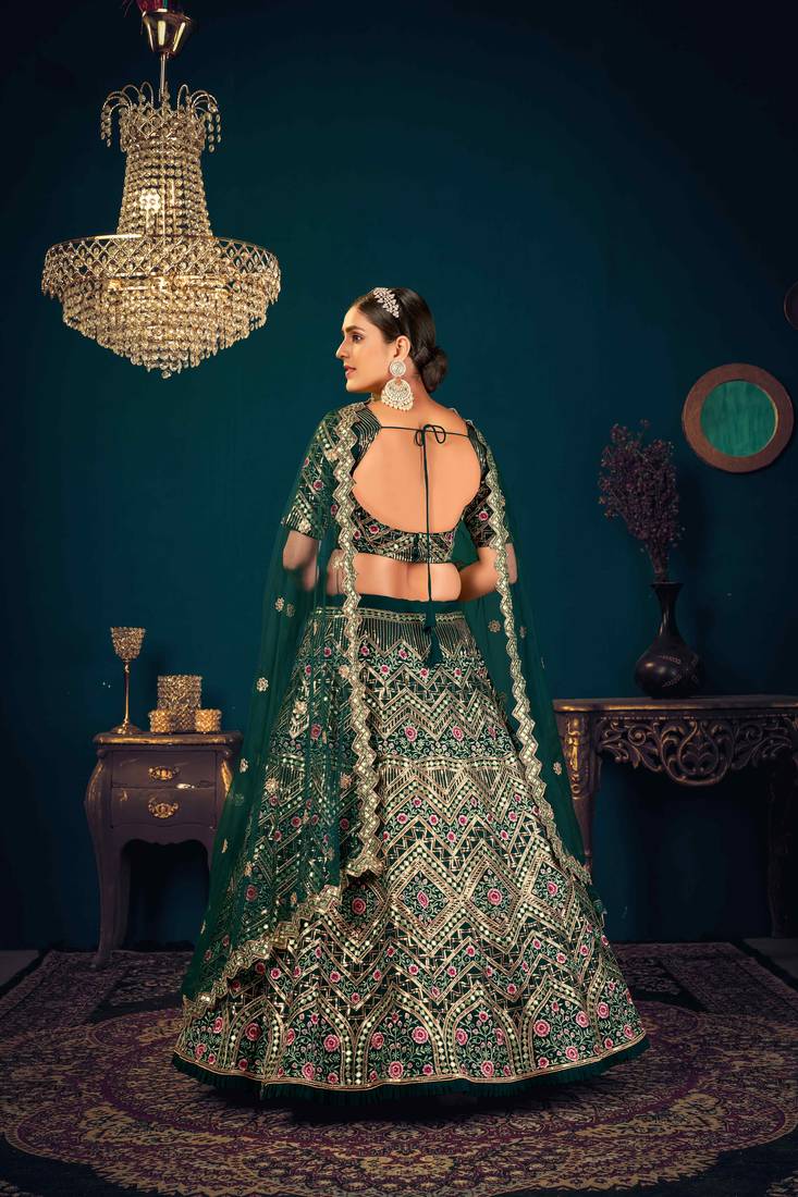 Dark Green Multi Thread, Sequins & Gota Patti Embroidered Georgette Semi Stitched Party Wear Ghagra Choli